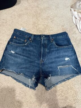 Levi's Distressed Dark Blue High-Rise Denim Shorts